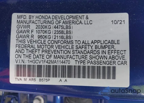 2021 Honda Accord Sport Special Edition from USA, damaged, VIN 1HGCV1F42MA114470